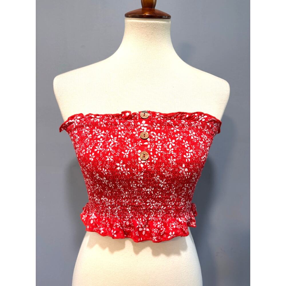 Roxy Red Floral Festival Smocked Crop Tube Top Button Y2K Boho Front Small